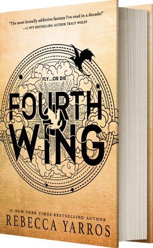Book Cover for Fourth Wing by Rebecca Yarros. Dragon in a circle surrounded by clouds.