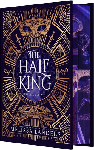 A deep purple background with gold labyrinthine lines. Gold masks, swords, and flames surround the circle in the center