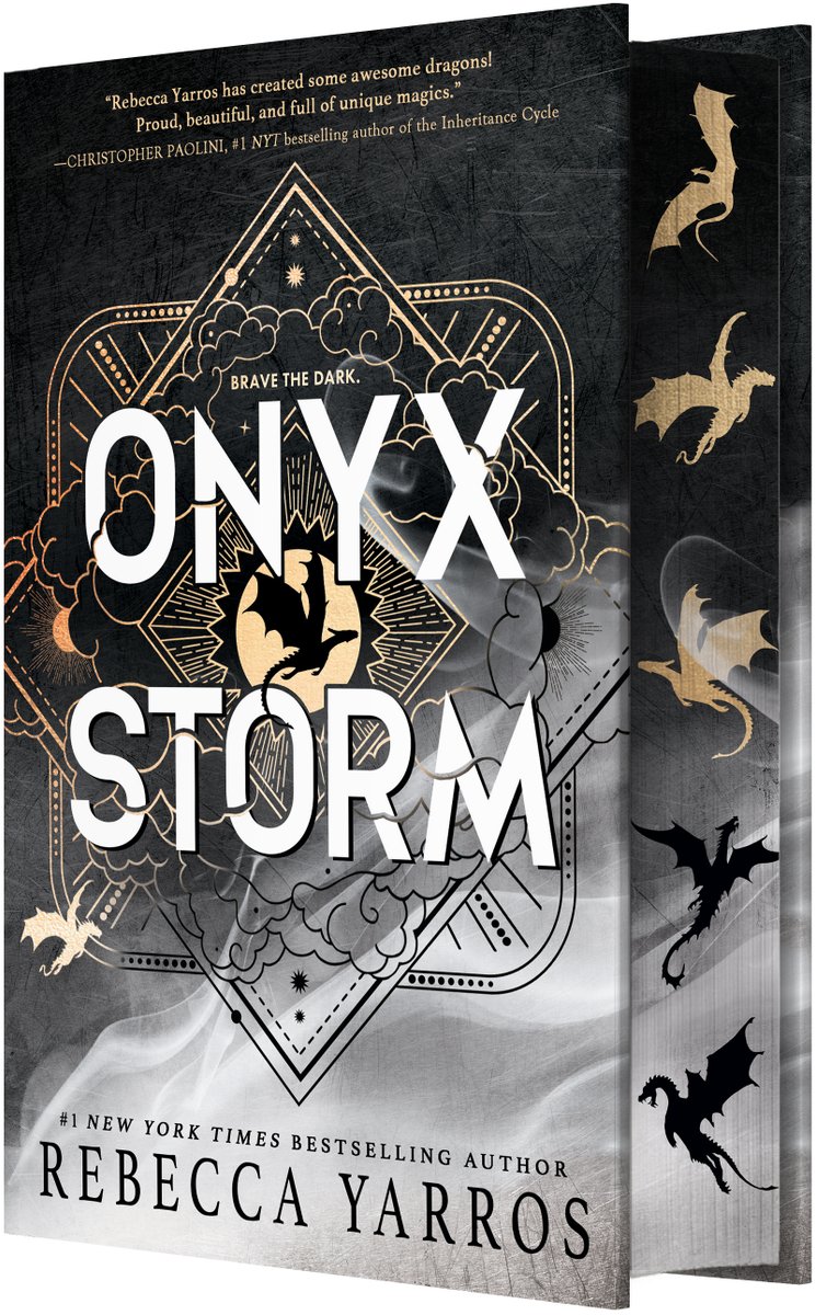 Onyx Storm by Rebecca Yarros book cover. Black and gray theme with dragons and clouds.