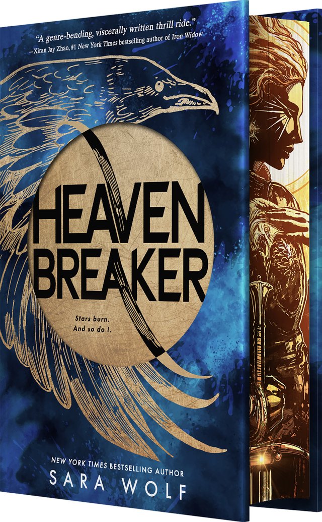Heavenbreaker by Sara Wolf, book cover. Dark blue and gold visuals with a raven surrounding the cover. The sprayed edge shows the design of a female soldier.