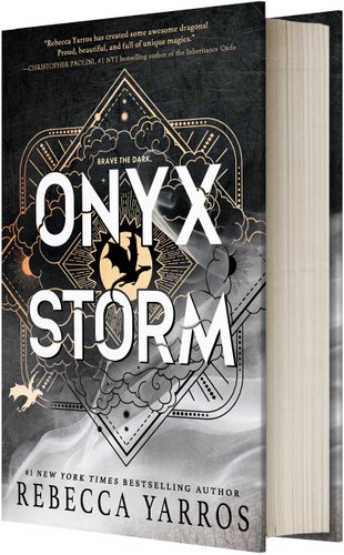 Book jacket for Onyx Storm by Rebecca Yarros. On a black cover, the title and author name is written in gradient gold. In white, the words "Cover to be revealed" is positioned in the middle of the book.