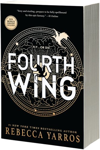 Fourth Wing by Rebecca Yarros book cover with a graphic design of clouds and lines. In the middle, there's a black silhouette of a dragon. There's another dragon in a white silhouette. The book has sprayed edges with dragons printed on them.