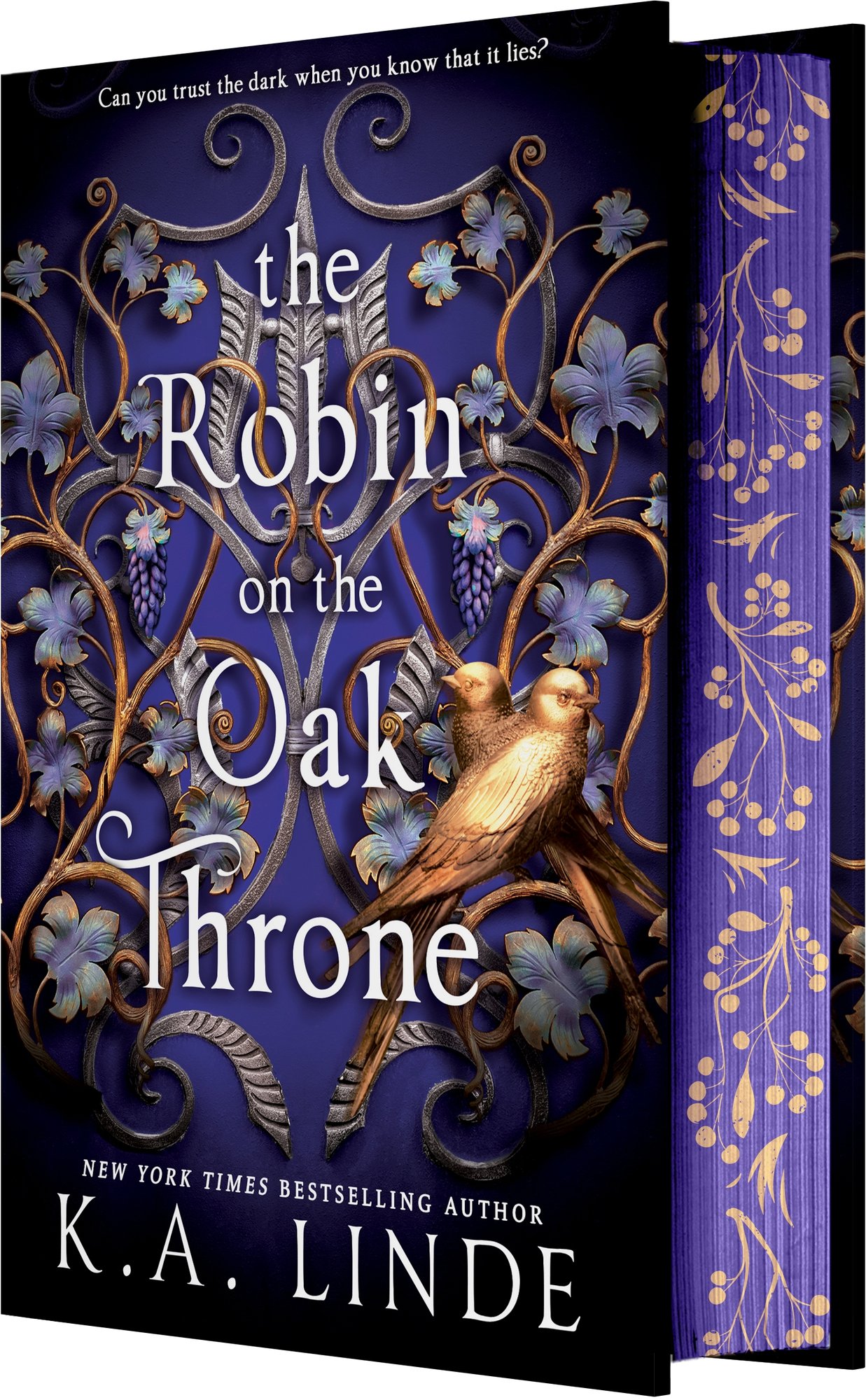 The cover of The Robin on the Oak Throne, a romantasy sequel, depicts an ornate bronze pattern with flowers and two bronze birds on the right side of the cover against a dark purple background.