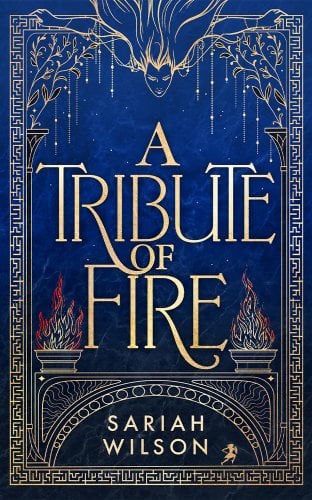 Dark blue night sky filled with stars. In front of are gold outlined fireplaces and the outline of a woman looking down from the top.