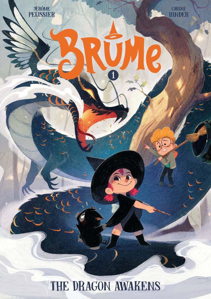 Brume: The Dragon Awakens by Jérôme Pélissier middle-grade book cover depicting a young red-headed witch wearing all black with a black witch's hat, with a small black animal at her side and a blonde-haired boy cowering behind her, to the side. A spilled cauldron is nearby leaving a pool of inky blue while a dragon forms from it with its mouth wide open towards the witch.