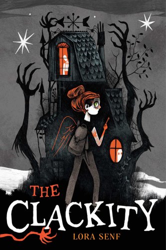 There is a creepy black and funky looking house with limbs growing out of it and orange windows. There is a young girl with red hair and green eyes standing in front of it. The sky is grey and there are a few white stars in the sky.