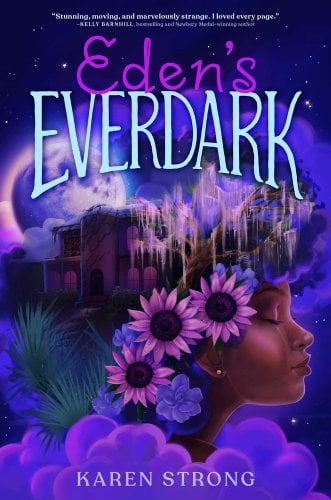 A whimsical bluish-purple backdrop dotted with white star-like specks. A full moon hangs over an icy place encircled in bluish dust. Below the image is a young Black girl with her eyes closed. There are purple flowers in her hair and green plants behind her. She is surrounded by bluish-purple clouds. the title is in large, purple-light blue lettering. The author's name is in smaller purple lettering at the bottom.
