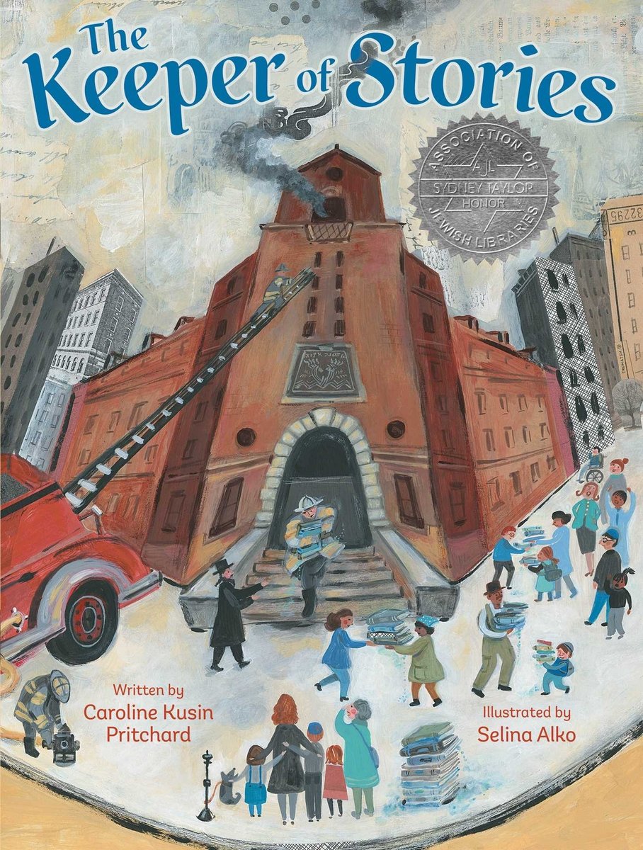 The Keeper of Stories by Caroline Kusin Pritchard, illustrated by Selina Alko, book cover. A large brick building to represent the library is on fire with smoke coming out the top window. A fire struck is in the front with a ladder leading up to the smoke. Dozens of pedestrians carry books with them out the burning building and a fire fighter is walking down the front steps.