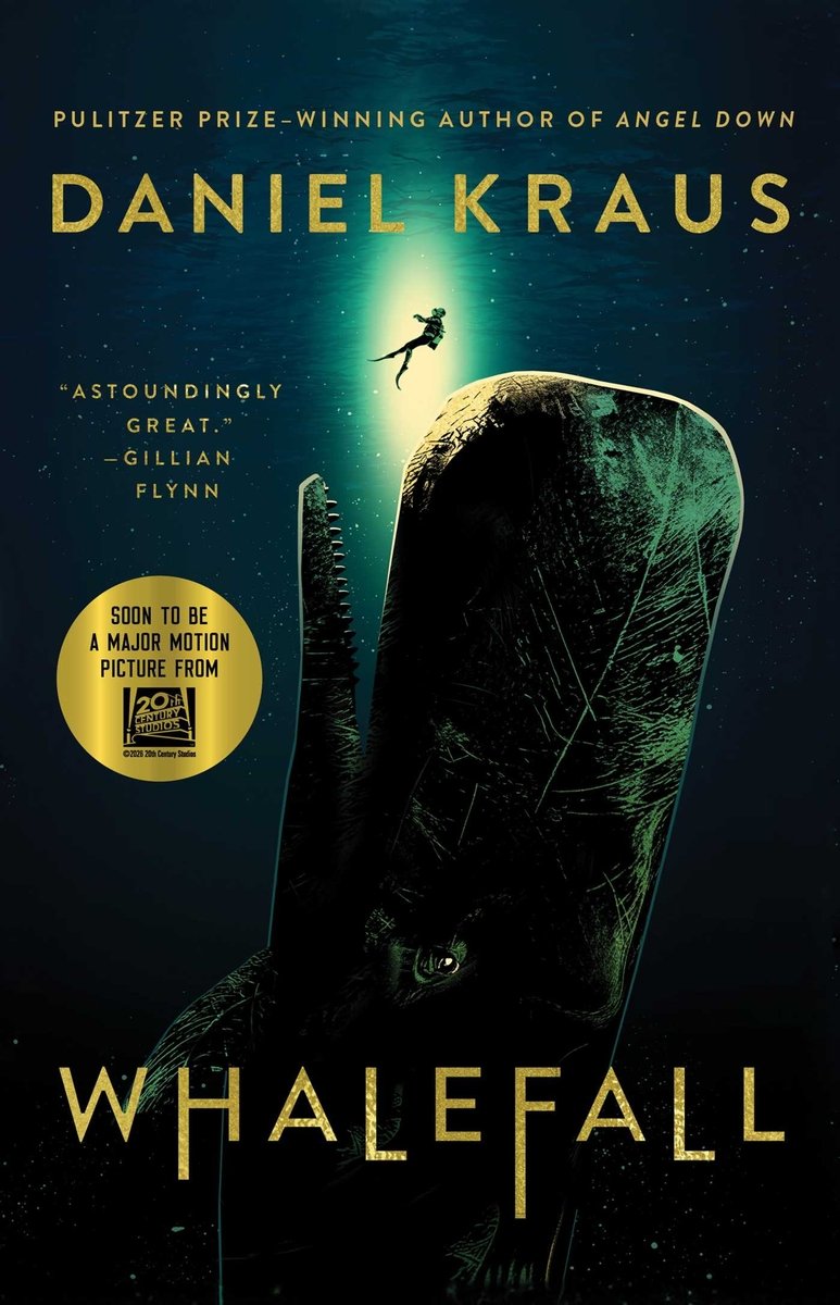 Whalefall by Daniel Kraus featuring a picture of a whale with its mouth open with someone swimming above him in the dark ocean.