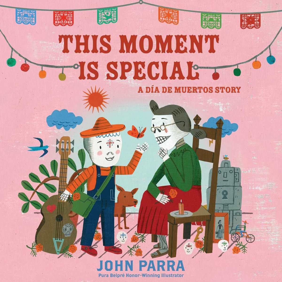 Book cover of This Moment Is Special: A Día de Muertos Story by John Parra, featuring a child and elder adult with skeleton-like makeup; the child holds and guitar and cradles an orange butterfly while the elder sits in a chair and smiles on.