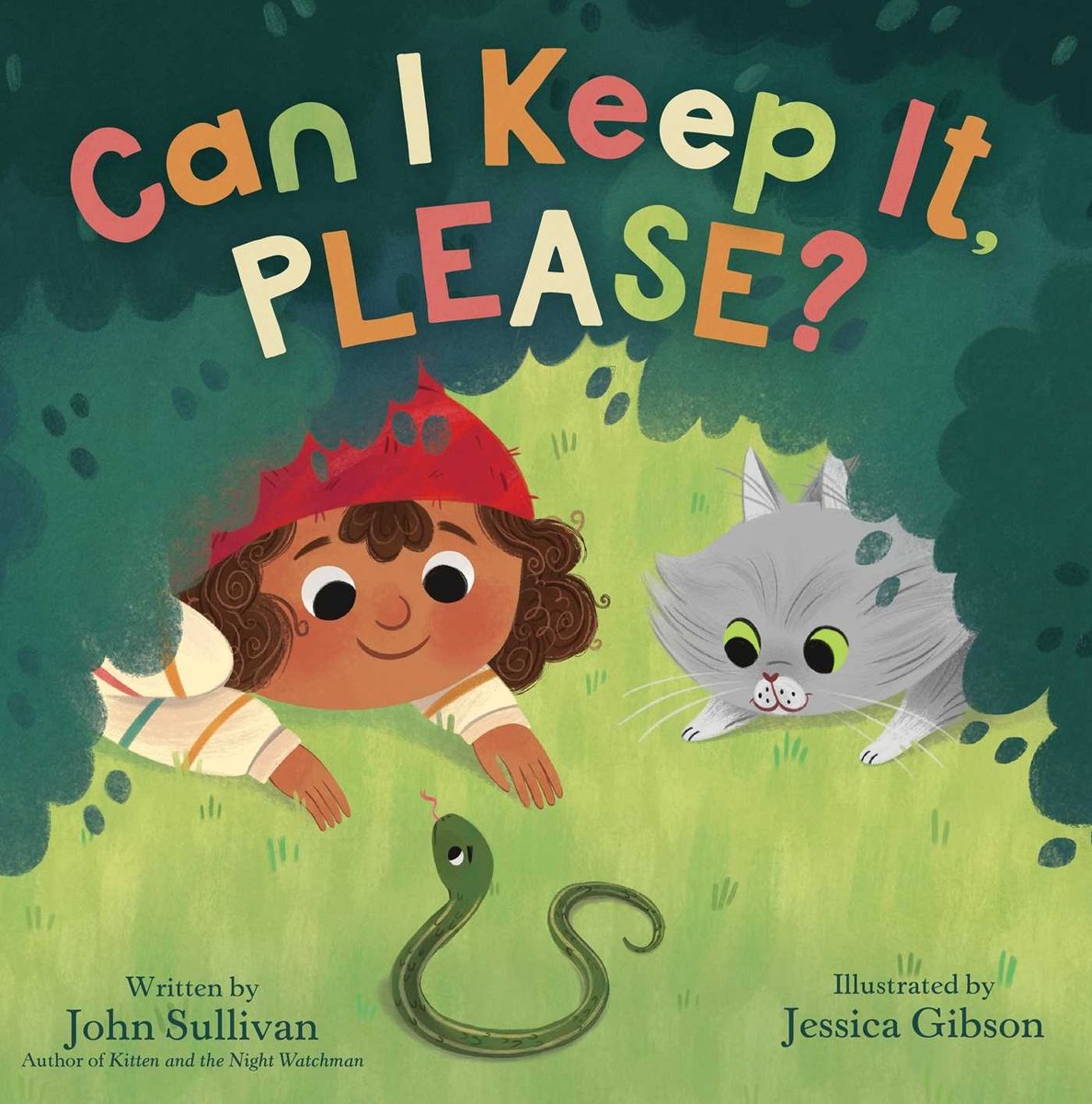 Book cover of Can I Keep It, Please? by John Sullivan, Illustrated by Jessica Gibson, featuring a tan-skinned child with curly brown hair under a red cap peeking out from under a bush as she and a fluffy gray cat stare at a small green garter snake.