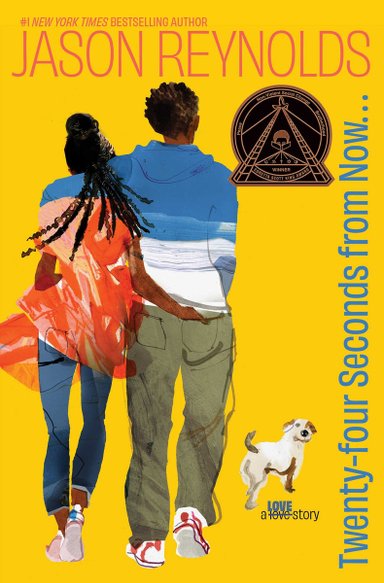 Book cover of Twenty-four Seconds from Now… by Jason Reynolds, featuring two brown-skinned youths with dark curly hair, one short and one in braids, walking; the taller youth has an arm around the shoulders of the shorter, who has a hand in the back pocket of the taller.