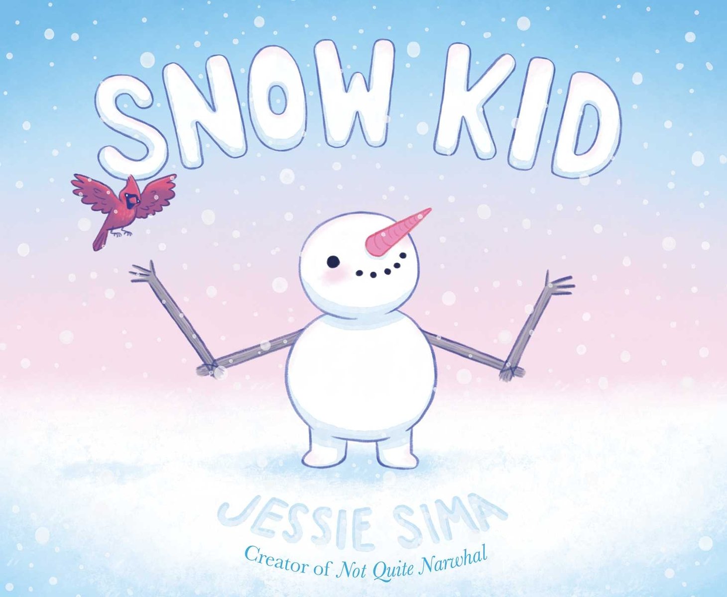 Snow Kid by Jessie Sima, a childrens book cover depicting an illustration of a small snowman with a cardinal trying to land on it's twig arm.