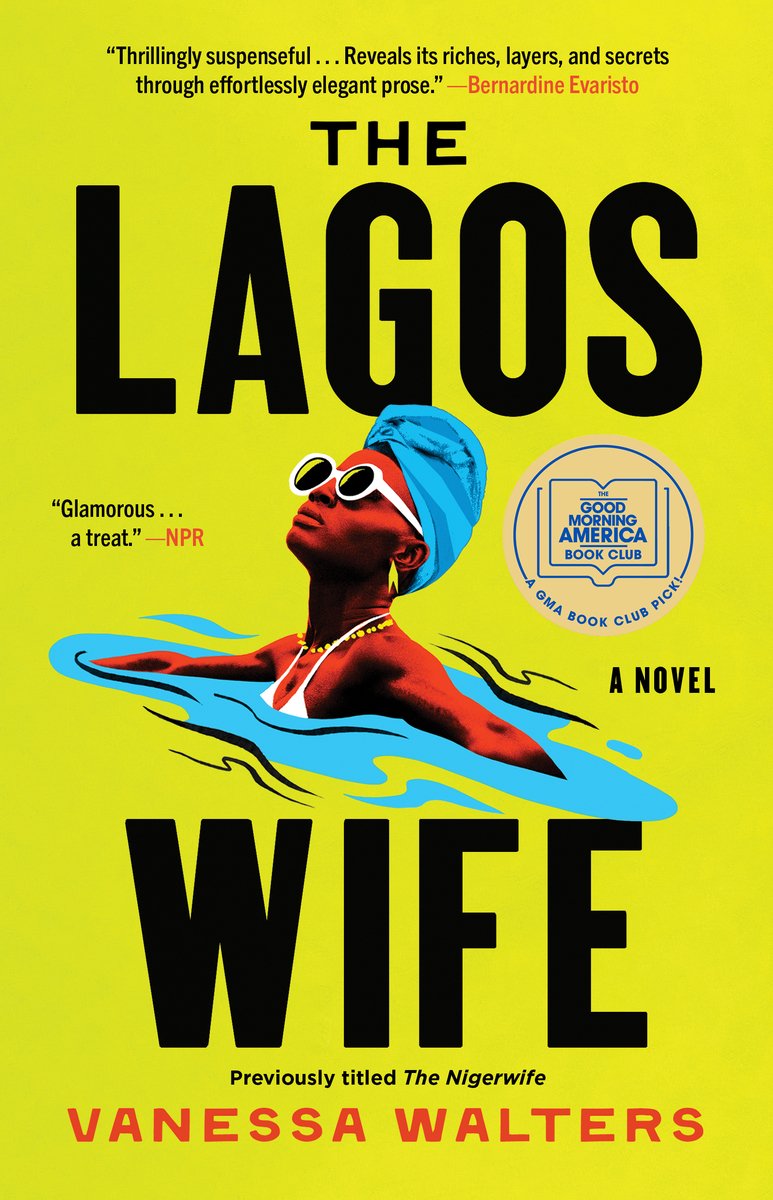 The Lagos Wife by Vanessa Walters book cover featuring a Black woman painted as if swimming in a pool looking up at the sky.