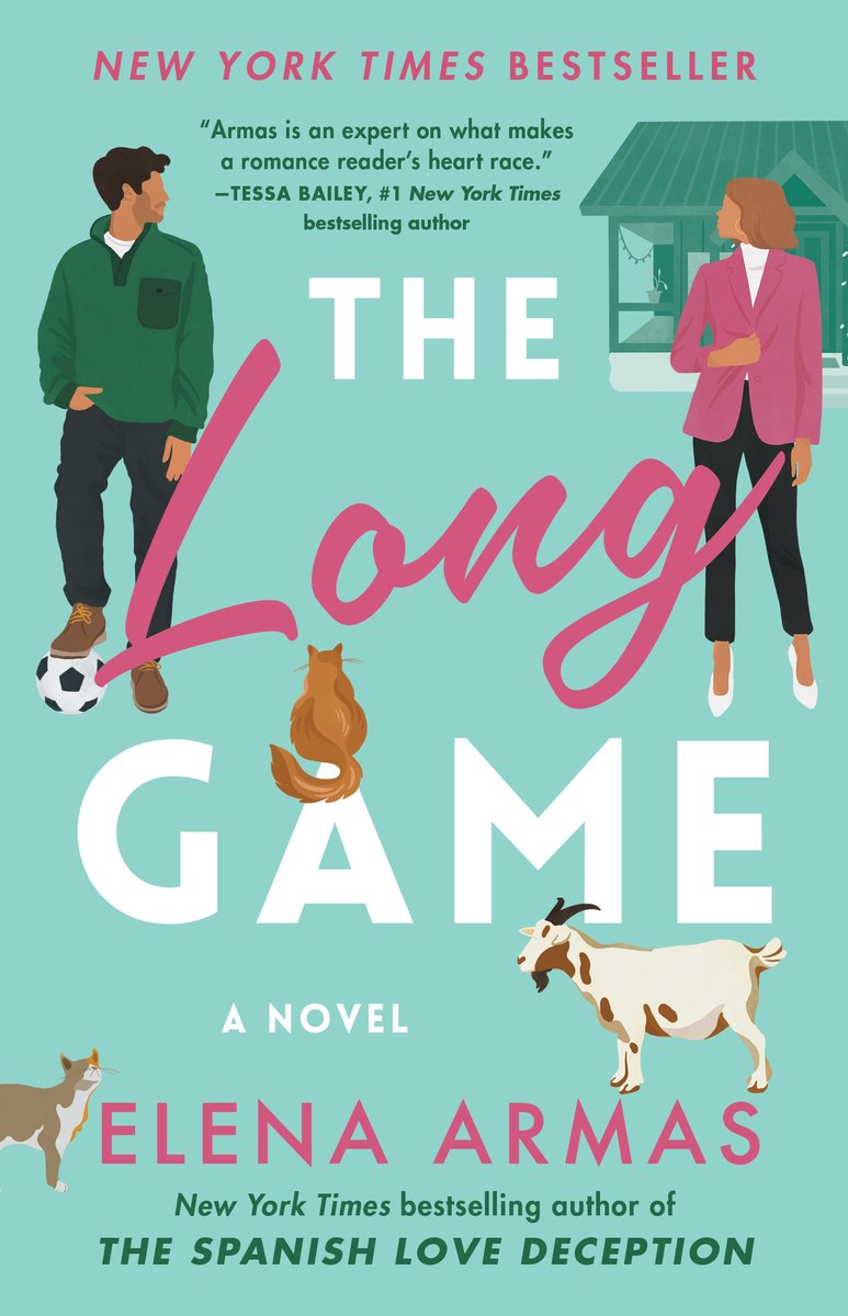 The Long Game by Elena Armas a soccer romance book cover depicting a man and a woman standing on grass with two cats and a goat. She's in business attire and he's in athletic wear.