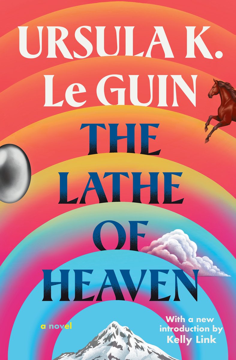 An orange, pink, and blue cover with wave-like patterns travelling from a mountain in the centre, and floating images of a cloud, a horse, and a UFO.