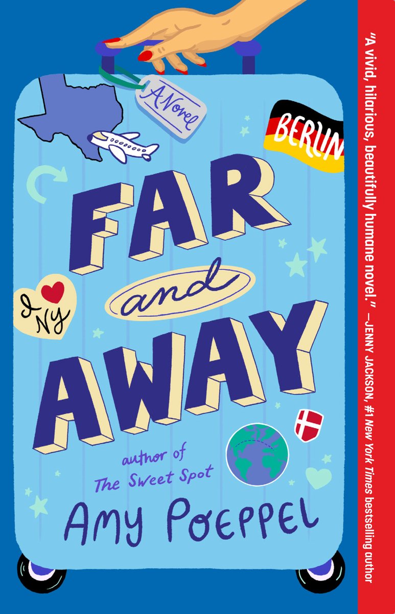 The cover of Far and Away, a literary fiction novel, depicts and illustration of a light blue suitcase with stickers of a Texas, a globe, plane, and the German flag against a dark blue background.
