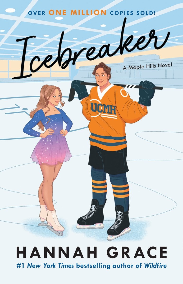 Cover of "Icebreaker," by Hannah Grace. There is a woman in a pink and purple staking outfit on an ice rink looking at a man in full hockey gear. He is holding a hockey stick above his shoulders and his jersey has UCMH written on it.