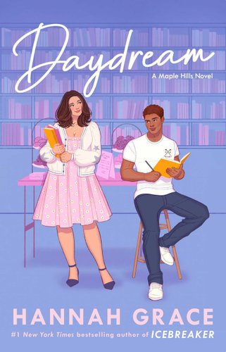 Daydream by Hannah Grace, book cover depicting an illustration of a man and woman looking at one another in a library.