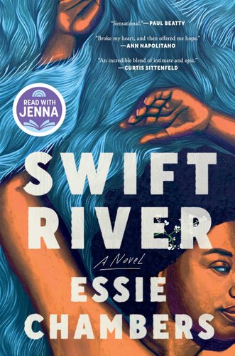 a girl laying in blue water-like art. Book cover for Swift River by Essie Chambers.