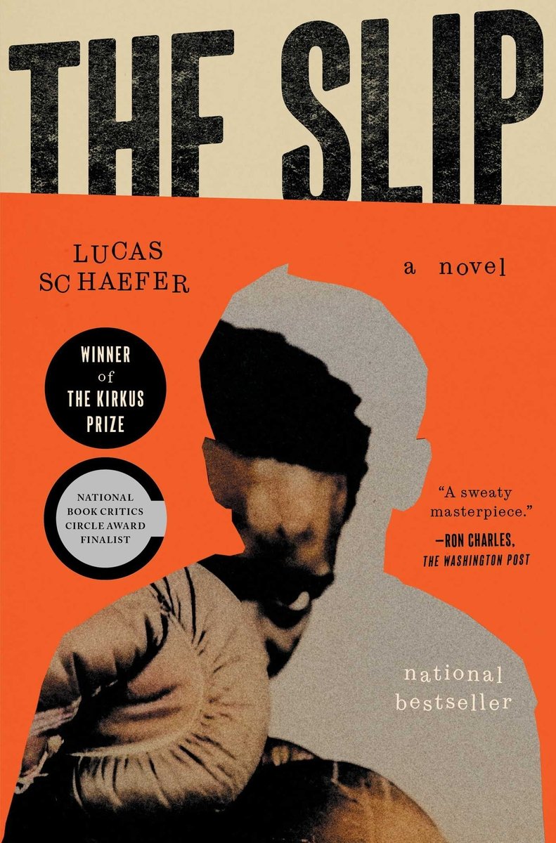 The Slip by Lucas Schaefer, a fictional novel cover depicting a black and white photograph-like silhouette of a young man’s head and shoulders appear against a vivid orange background. His face is partly shadowed and within in that shadow is an image of a Black male putting up boxing gloves.