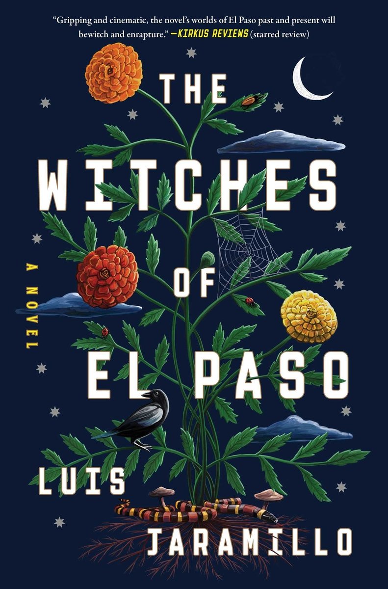 Flowers against a night sky with clouds and a crescent moon and a coral snake on the base of the plant