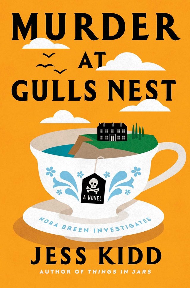 A white tea cup with blue design sits against a yellow background. Inside the cup is water and a black house on a piece of land. A black label with skull and bones hangs over the lip of the cup.