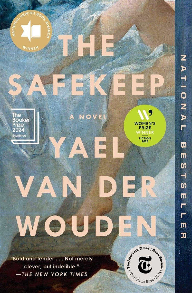 The Safekeep by Yael van der Wouden, a historical fiction book cover depicting a portion of a painting showing a woman's legs sticking out from light blue, tulle-like fabric.