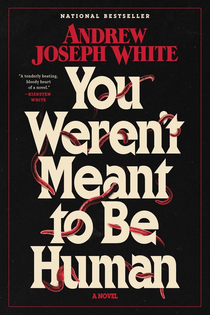 A beige title on a black background with worms shoved between the letters. The author's name is in red.