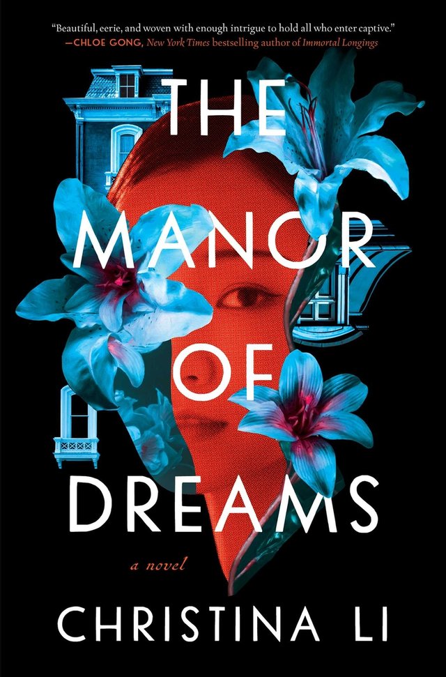 The cover of Manor of Dreams features a black blackground with a red-tinted portrait of a young Asian woman, which is surrounded by blue flowers and the facade of a mansion