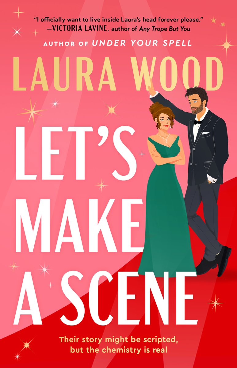 Pink and red background with golden stars everywhere. The title "Let's Make A Scene" is in white filling the middle of the page. On the right a man with black hair and a beard is leaning in a tuxedo. He is looking at a girl in a long green dress who is crossing her arms.