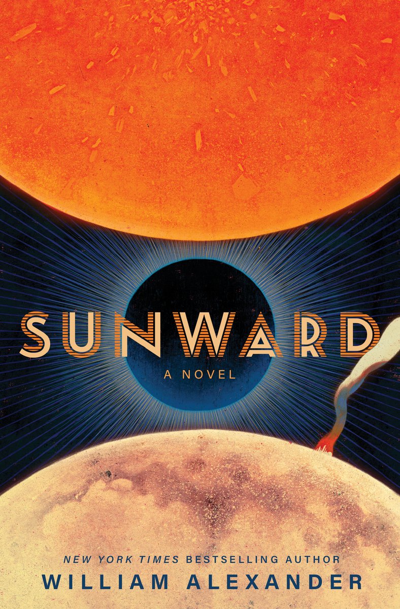 Sunward by William Alexander. In space, a large orange sun looms above a horizon line. Below it, the moon is partially visible.