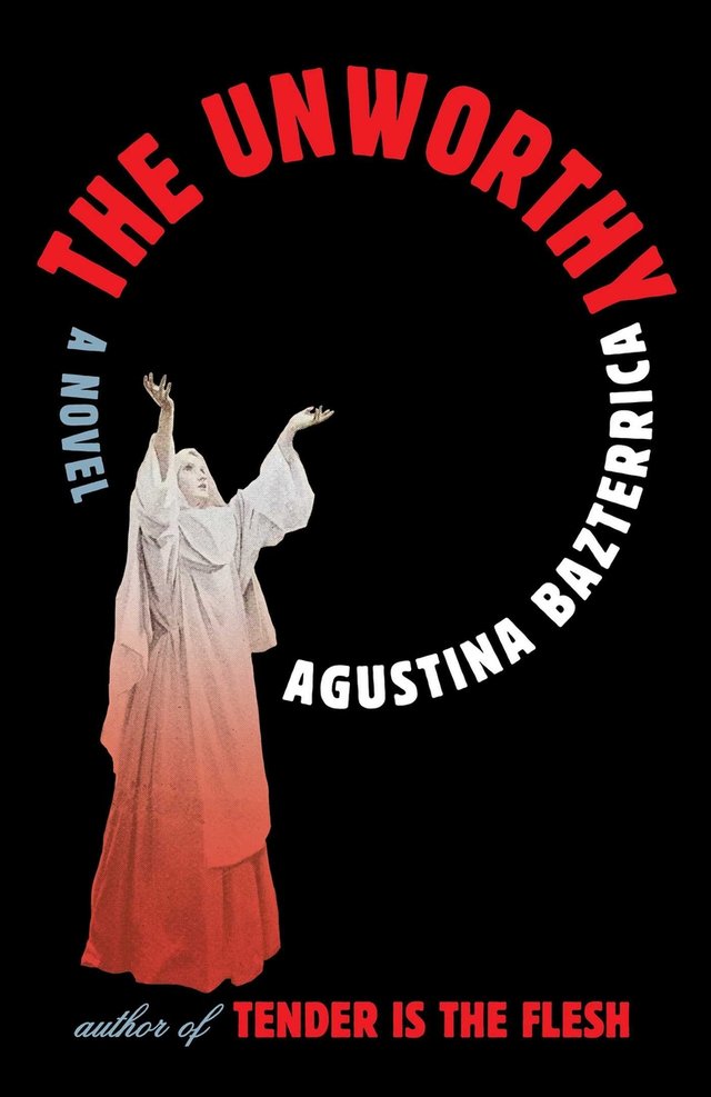depicts a nun shaded in white in red holding her arms out to the left of center of the page against a black background with the title in an arching formation