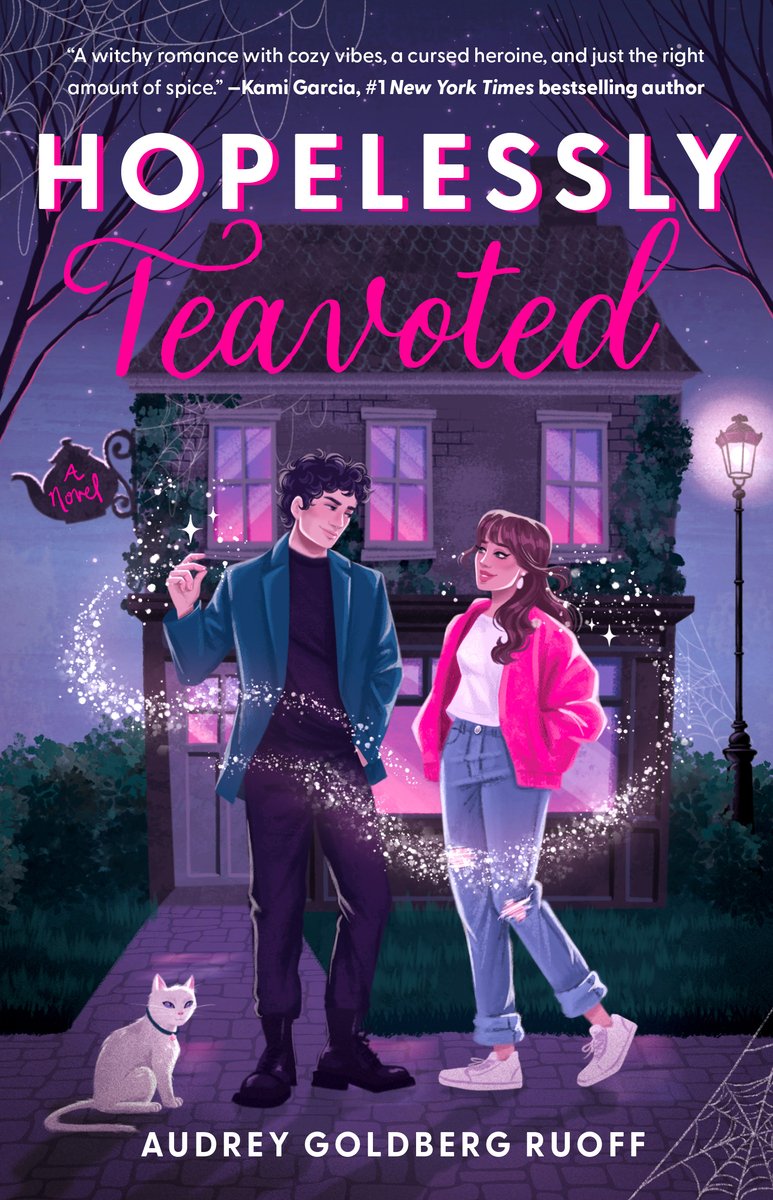 Hopelessly Teavoted by Audrey Goldberg Ruoff Book Cover. Features Az and Vickie, staring at each other lovingly in front of Hart Manor as magic swirls around them.