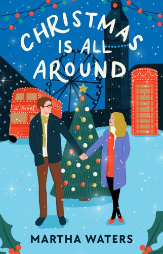 A tall brunette man and a blonde woman holding hands in front of a Christmas Tree with a red double decker bus and a red telephone booth in the background.