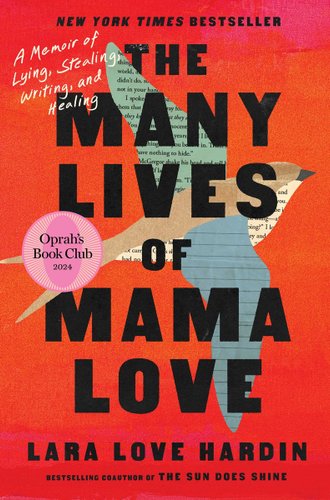 The Many Lives of Mama Love by Lara Love Hardin, a bird constructed with patchwork book and notebook pages flying across a red background.