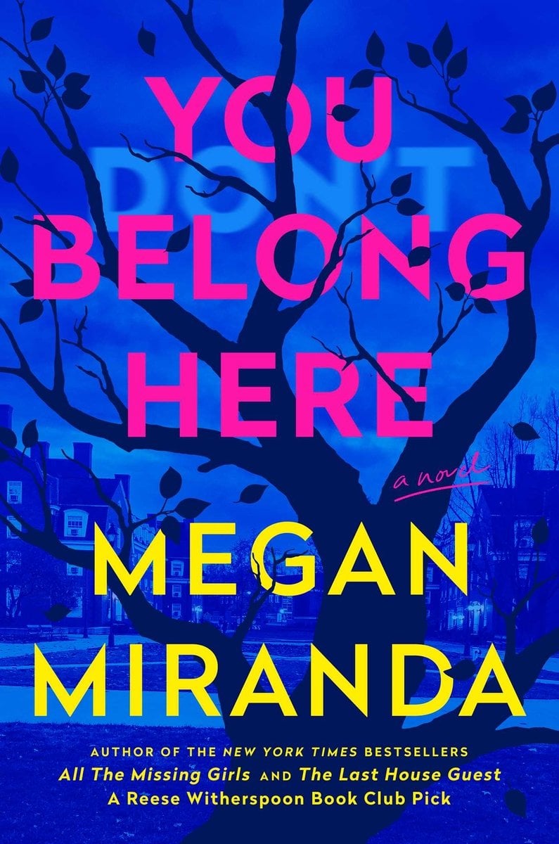 Cover of You Belong Here by Megan Miranda. There is a blue hue over a tree in the center and a town in the background. In the clouds is a light blue "Don't" between "You" and "Belong" in the title.
