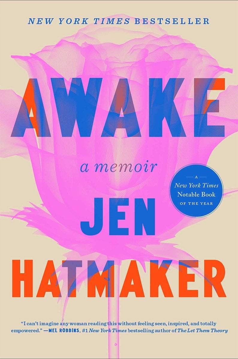 Awake by Jen Hatmaker, book cover. Close up on a bright, faded hot pink rose with the title and author's name layered on top with orange and blue font.