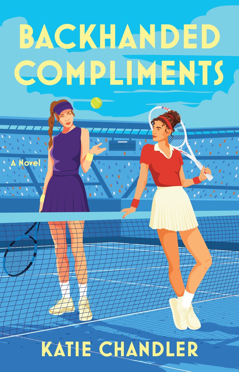 The cover of Backhanded Compliments, a sapphic sports romance, features an illustration of two female tennis players on a tennis court shaded in blue. One girl in red is leaning against the ned and the woman on the other side is wearing purple, throwing up a tennis ball.