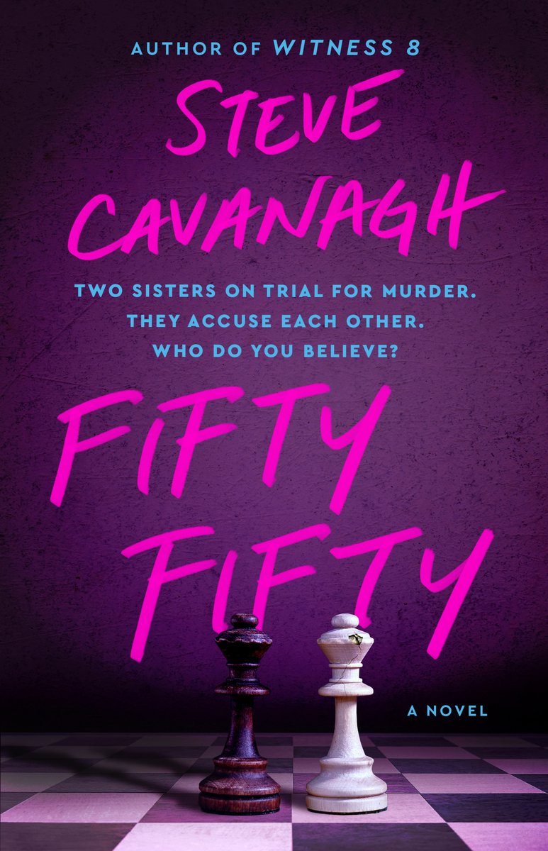 Book cover for Fifty-Fifty, a psych thriller by Steve Cavanagh. The cover is in a pink light, with the title drawn in pink chalk. Two chess pieces, one black and one white, are depicted on a board.