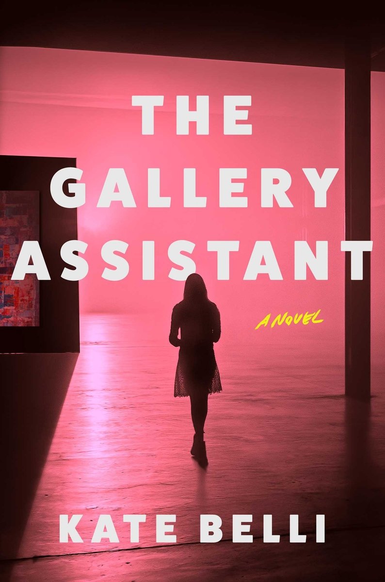 Cover of The Gallery Assistant. There is a pink room, with a half square and half painting near the left. There is a silhouette of a girl in the center walking towards it.