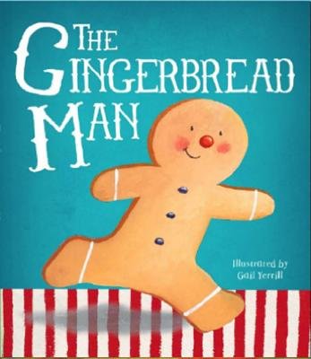 The Gingerbread Man by Gail Yerrill features a cheerful, bold design that immediately catches the eye. Set against a rich teal‑green background, a bright, golden‑brown gingerbread man takes center stage—his frosting‑white smile and rosy cheeks convey just the right mix of mischief and charm. Under his feet is a red and white striped border, reminiscent of a candy cane or a baking tray rail, anchoring him in the book’s confectionery world. The title “THE GINGERBREAD MAN” is placed at the top in a white, all‑caps serif font with a slightly whimsical touch—its letters varying in size just enough to feel playful.