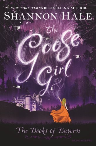 The Goose Girl by Shannon Hale, book cover with the title spelled from smoke, Ani commanding the formation of the title with a dark purple background along with the castle in the background.