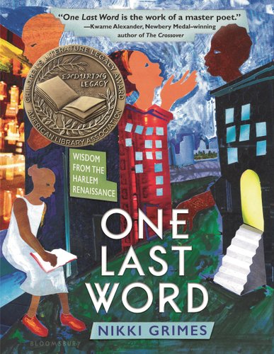 One Last Word by Nikki Grimes book cover, with abstract paintings of black people in a city.