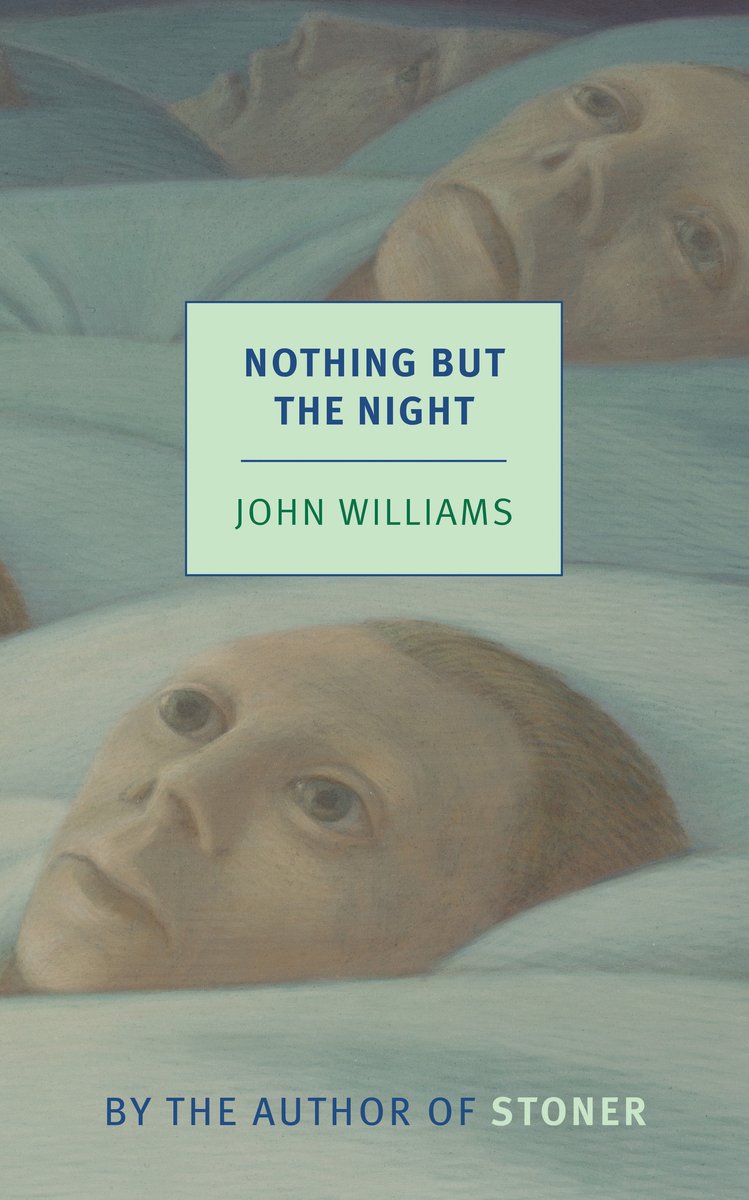 Nothing but the Night by John Williams, a literary fiction book cover depicting two different scenes. On the top half of the cover are two people lying in bed awake, while the bottom half depicts a man lying under white sheets, awake.
