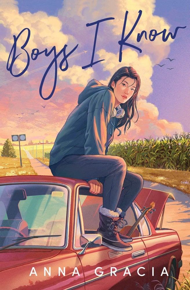 The cover of Boy's I Know, a YA contemporary and romance novel, features an illustration of a Asian girl in a hoodie and jeans sitting on top of a red car with a pink/orange and blue cloudy sky above.