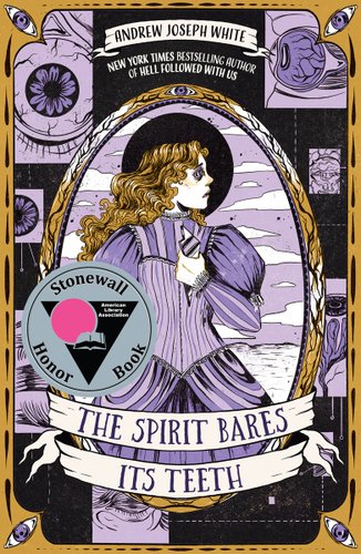 The Spirit Bares Its Teeth by Andrew Joseph White book cover with an indiviual who looks scared and is dressed in purple.
