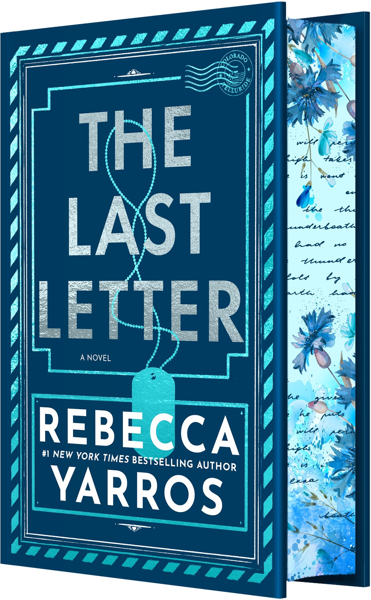 The Last Letter by Rebecca Yarros. A teal dog tag interweaves with the bold silver title text and white author text, all over a navy blue background with teal borders.