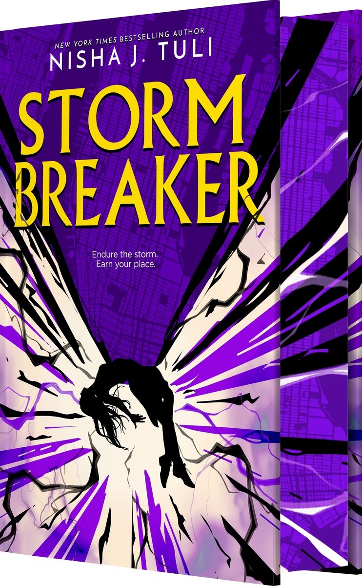 Storm Breaker by Nisha J. Tuli. A female silhouette is suspended in air on her back, with purple and black lines, as well as a large purple streak, emanating from her.