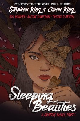 A woman stares at the viewer. Moths cover one of her eyes, but the other is looking right at you.